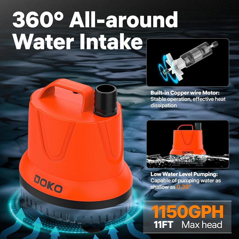DOKO Submersible Water Pump, 1150GPH Fish Tank Water Pump with 6FT Power Cord and Handle, Ultra Quiet Pond Pump with 4 Nozzles and 4 Suction Cups for Fish Tank Pond Aquarium, Orange Black - Image 2